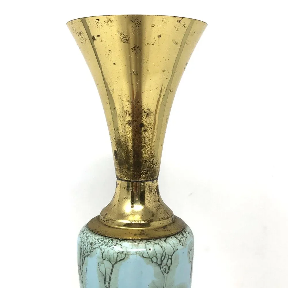 Delft Holland Brass & Marbled Aqua Hand Painted Bud Vase VTG MCM Euro Modern